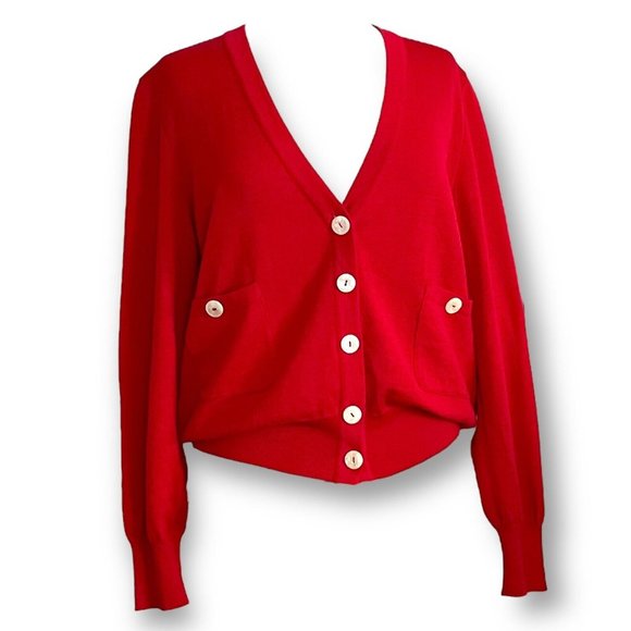 Valentino Womens Red Cardigan Sz M Vintage 80s Luxury Wool Knit Blouson Sweater - Picture 5 of 9